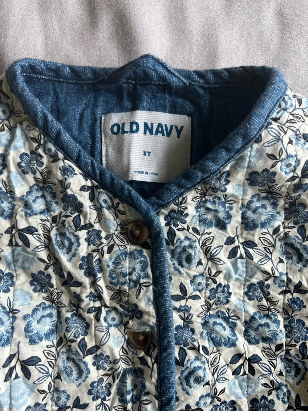 Old Navy Blue Floral Quilted Kids Jacket with Denim Trim